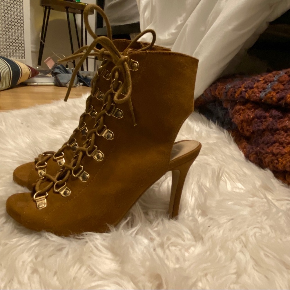 Tan suede tie up heels!!